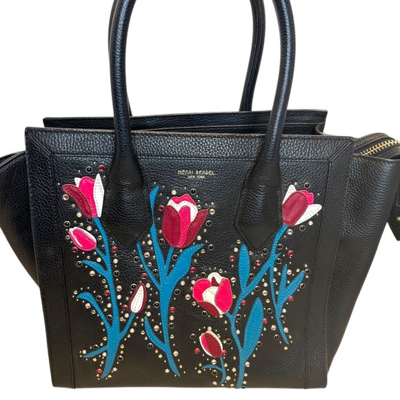 Henri Bendel Black Pebbled Leather Tote w/ Floral Appliqué & Studs - Picture 2 of 7